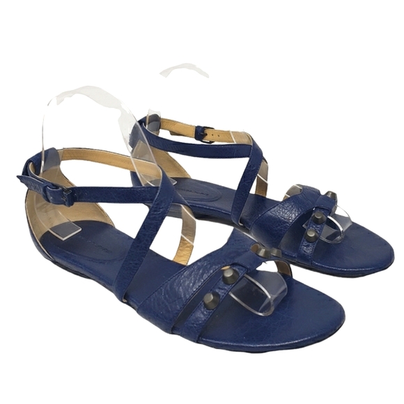 Balenciaga Dark Blue Leather Sandals Size 38 US 7.5 Ankle Strap Studded Flats - Picture 11 of 11